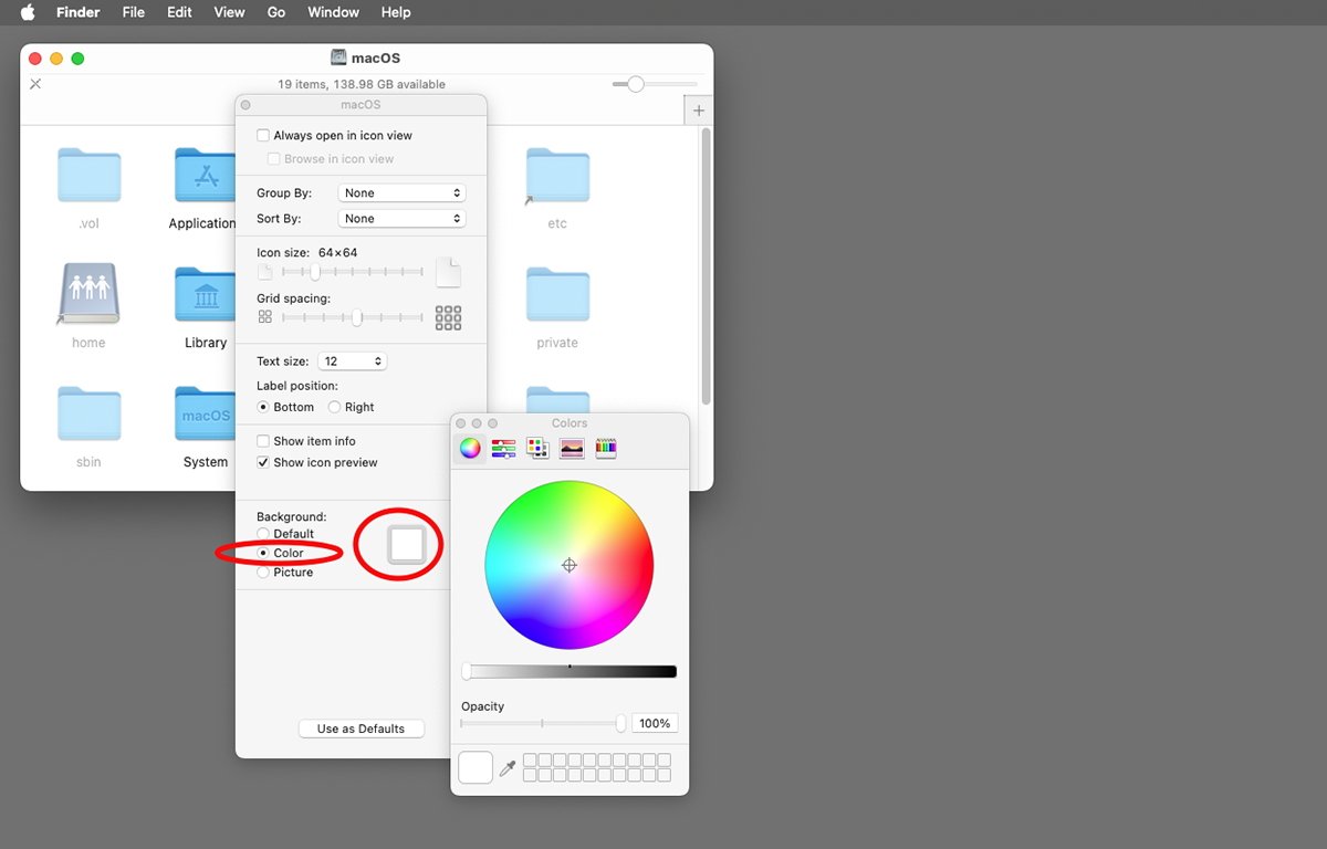 Окно macOS Finder с открытым окном параметров просмотра и палитрой цветов.