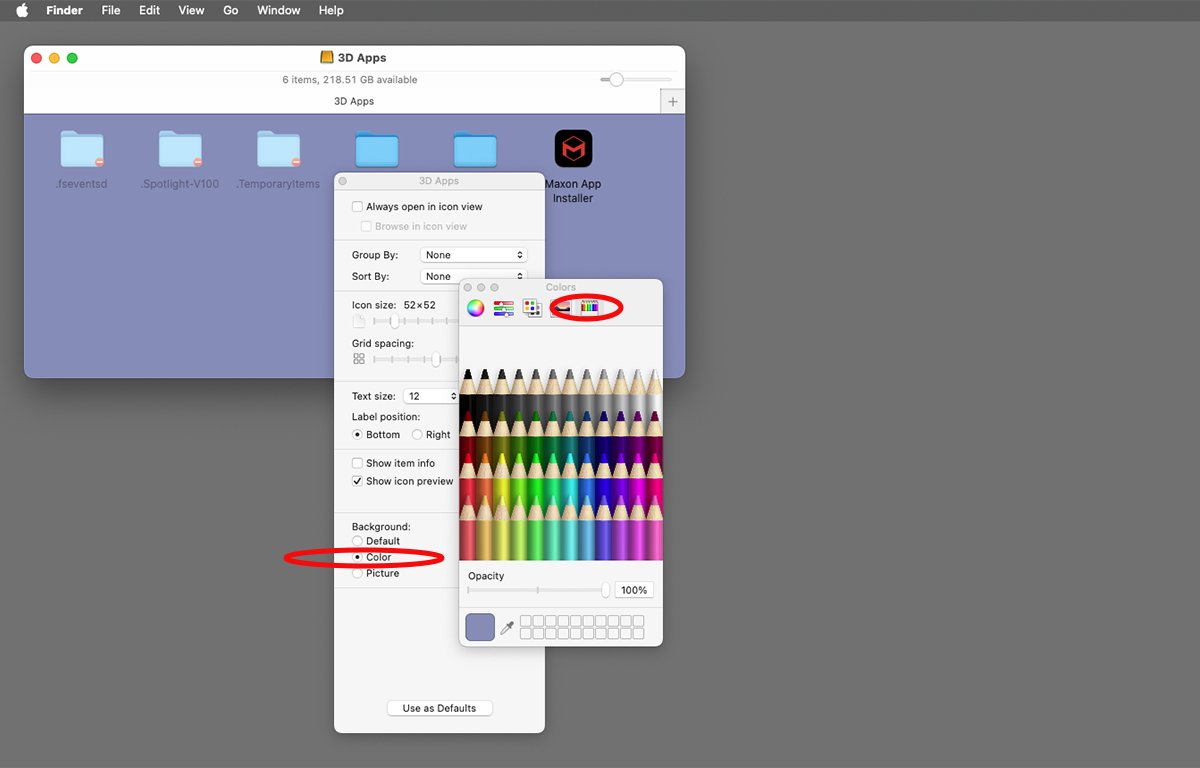 Окно macOS Finder с настройками и интерфейсом выбора цвета