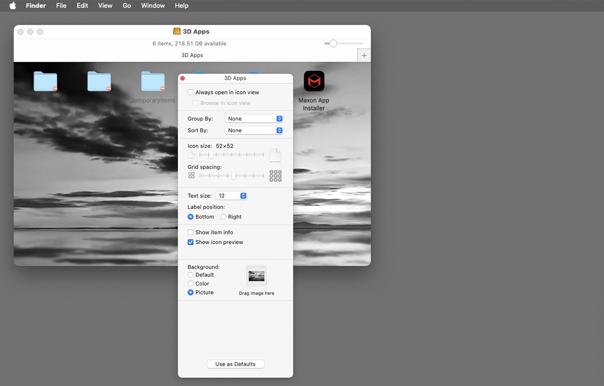 Окно Finder в macOS с изображением, установленным в качестве фона.