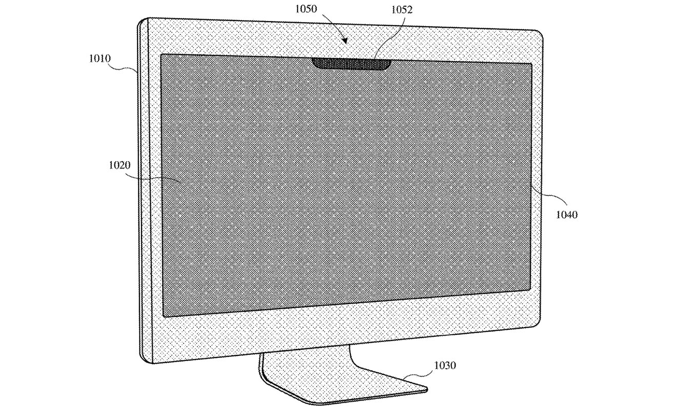 Рисунок монитора iMac или Apple с подставкой, широкой рамкой и вырезом для веб-камеры вверху по центру.