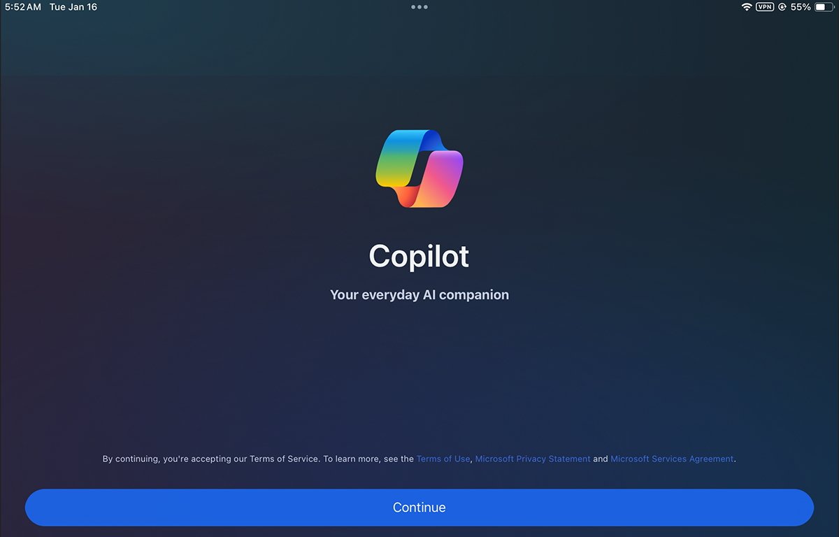 Открытие Copilot на iOS.