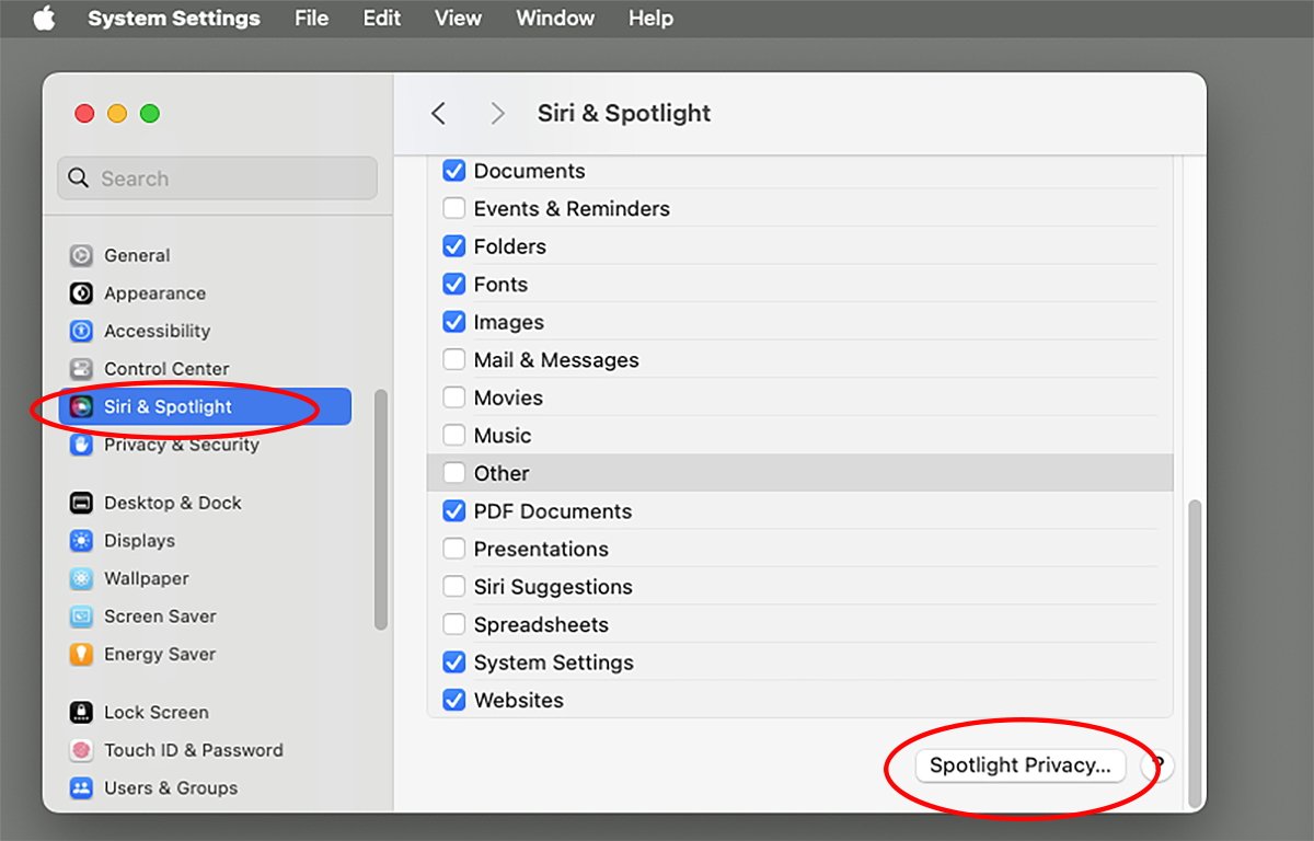 Настройки Spotlight в macOS.