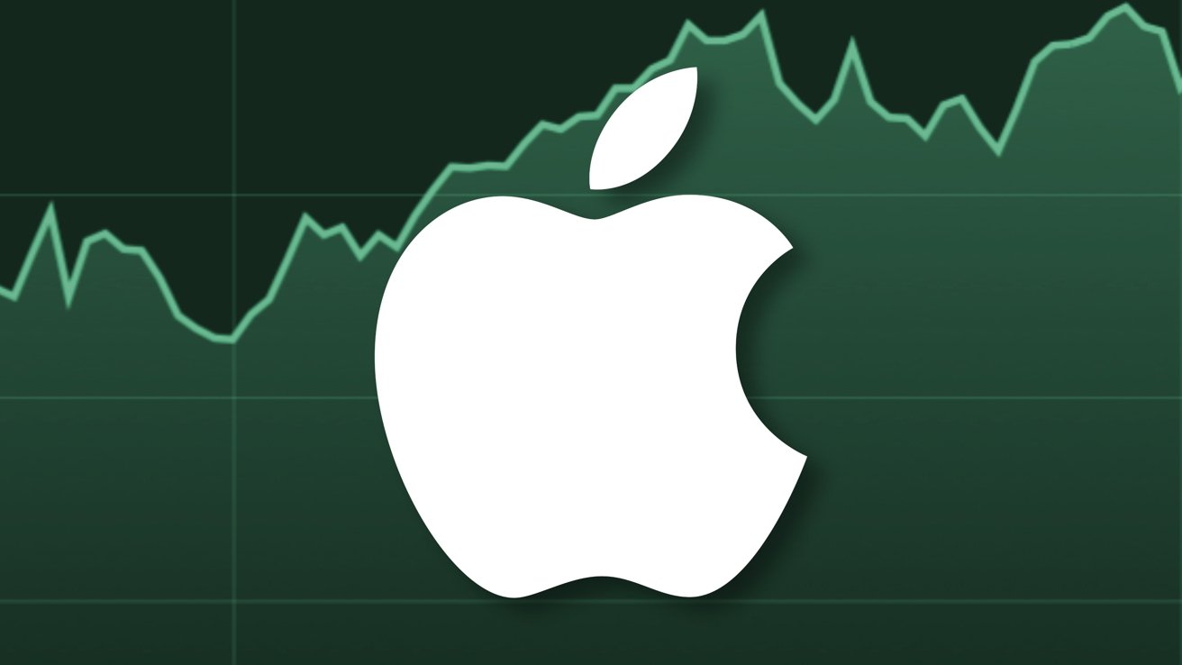 Логотип Apple, наложенный на график фондового рынка, показывающий рост цен