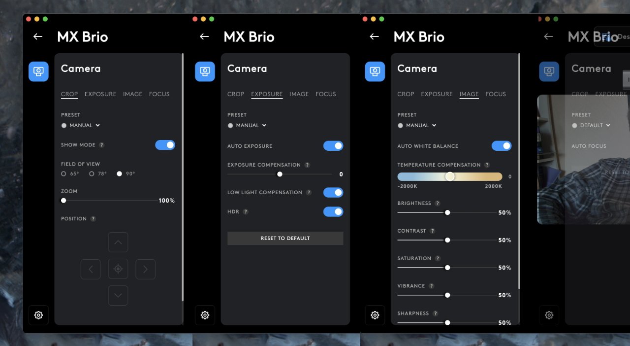 Четыре снимка экрана с настройками веб-камеры MX Brio, на которых показаны вкладки для таких настроек камеры, как экспозиция, фокусировка и качество изображения.