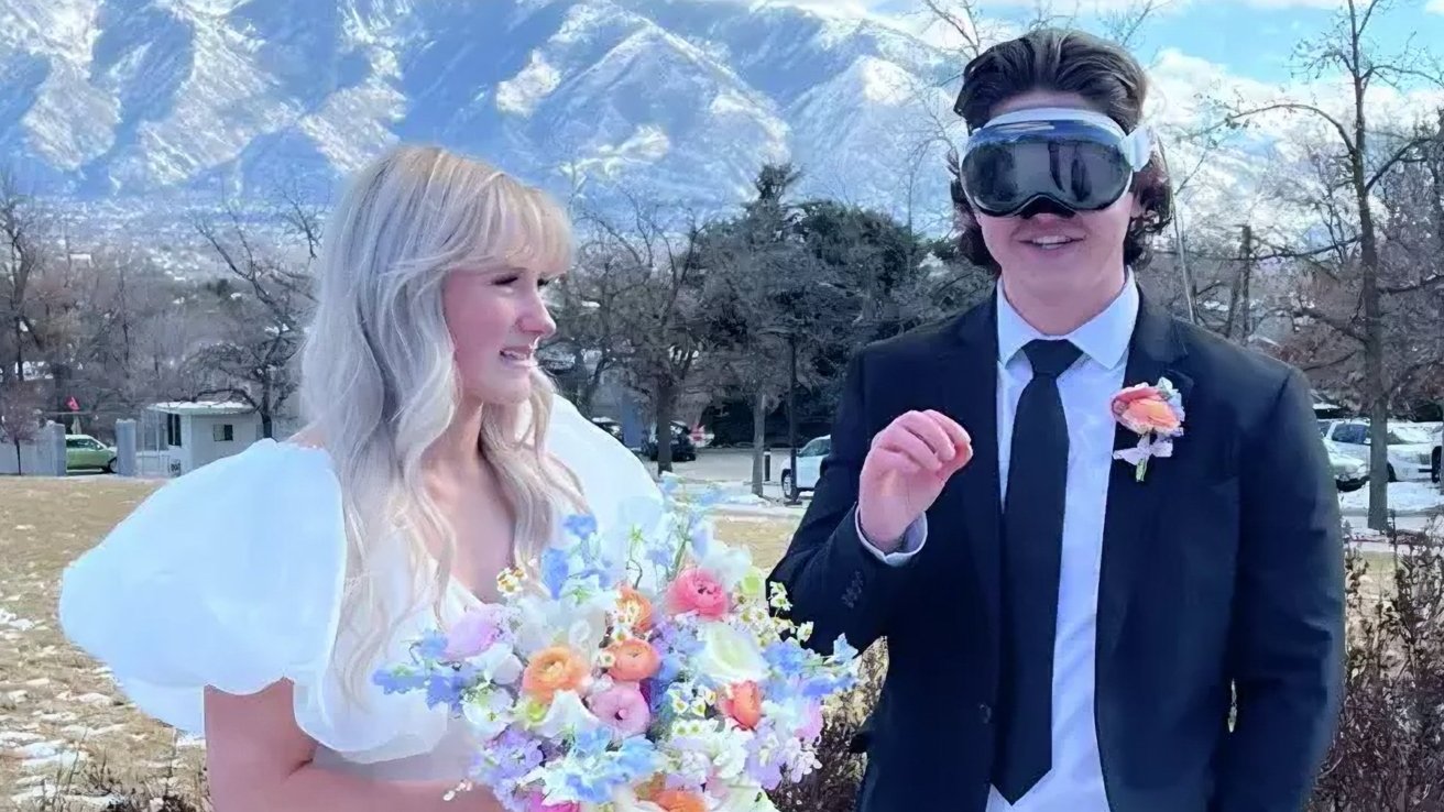 Невеста с отвращением наблюдает, как ее новый муж носит Apple Vision Pro на свадебной фотографии