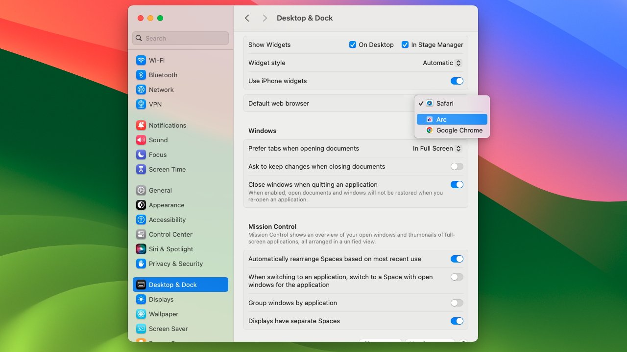 Окно изменения веб-браузера по умолчанию открывается в настройках системы на macOS Sonoma.