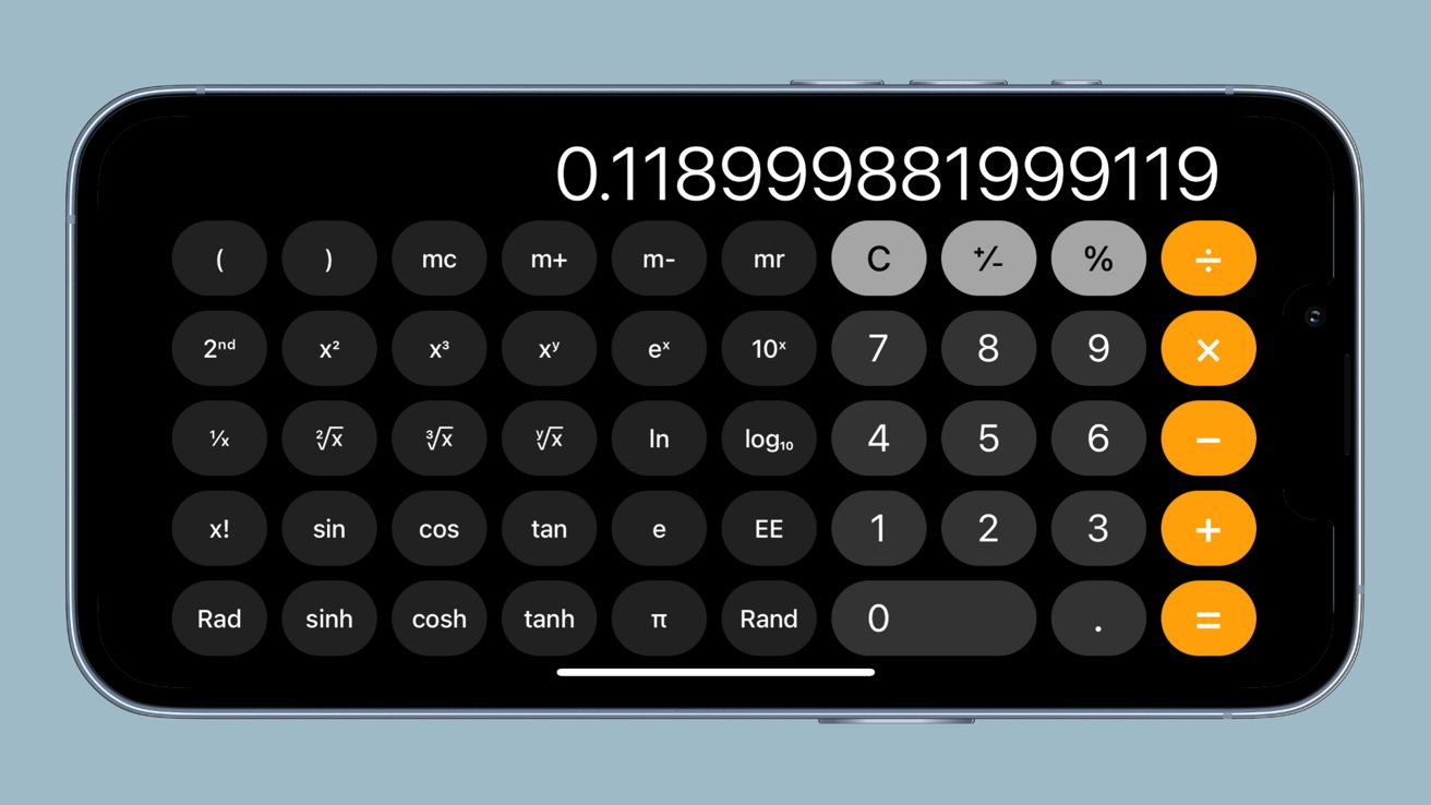 Снимок экрана, показывающий калькулятор в научном представлении с длинным числом.