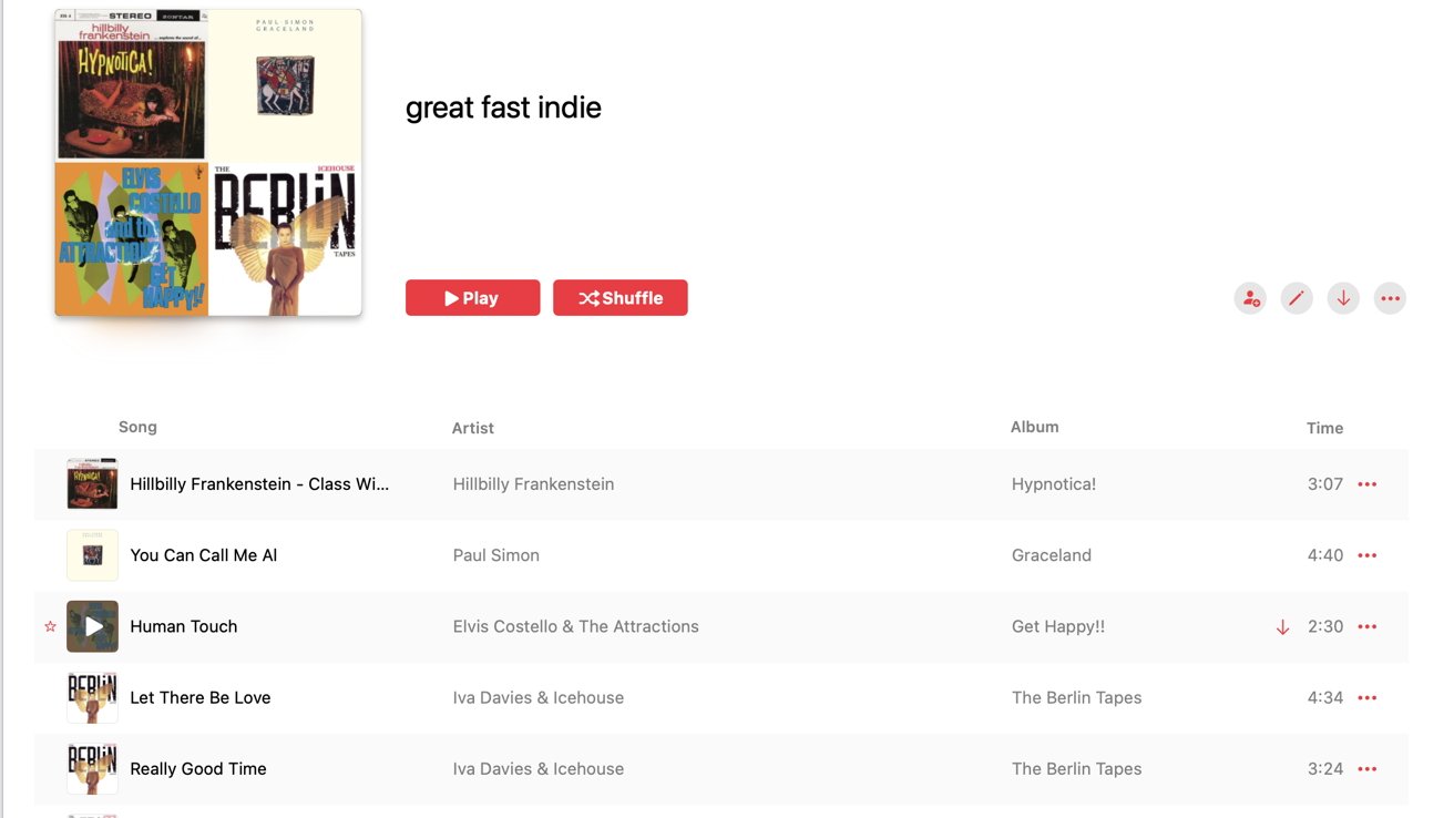 Снимок экрана: платформа потоковой передачи музыки, на которой отображается плейлист под названием «Great Fast Indie» с элементами управления воспроизведением и списком песен с соответствующими именами исполнителей и названиями альбомов.