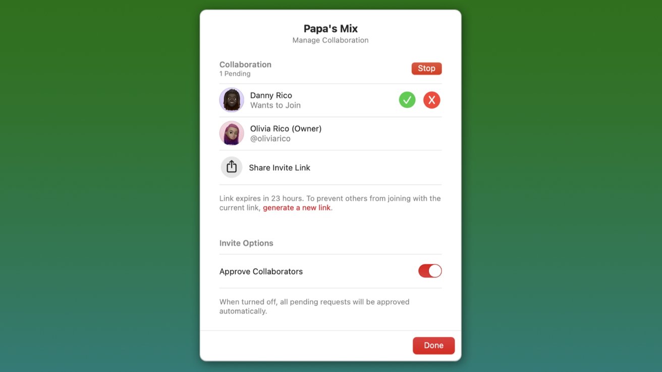 Снимок экрана: интерфейс управления совместной работой для Papa's Mix с возможностью одобрить или отклонить запрос на присоединение и поделиться ссылкой для приглашения.