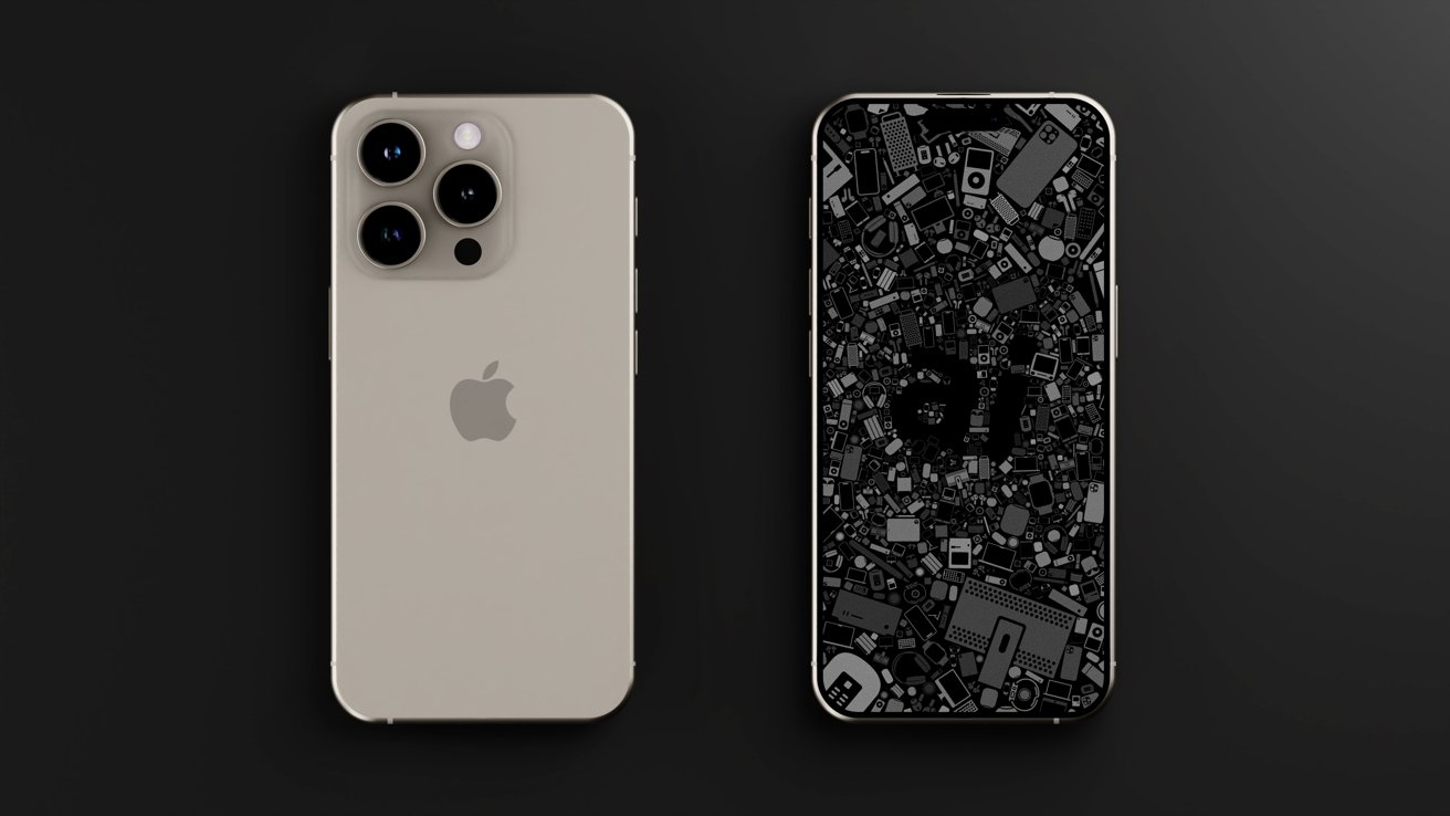 Два изображения iPhone 16 Pro рядом: один обращен вниз, коричневого цвета, другой — вверх, с обоями с логотипом AppleInsider.
