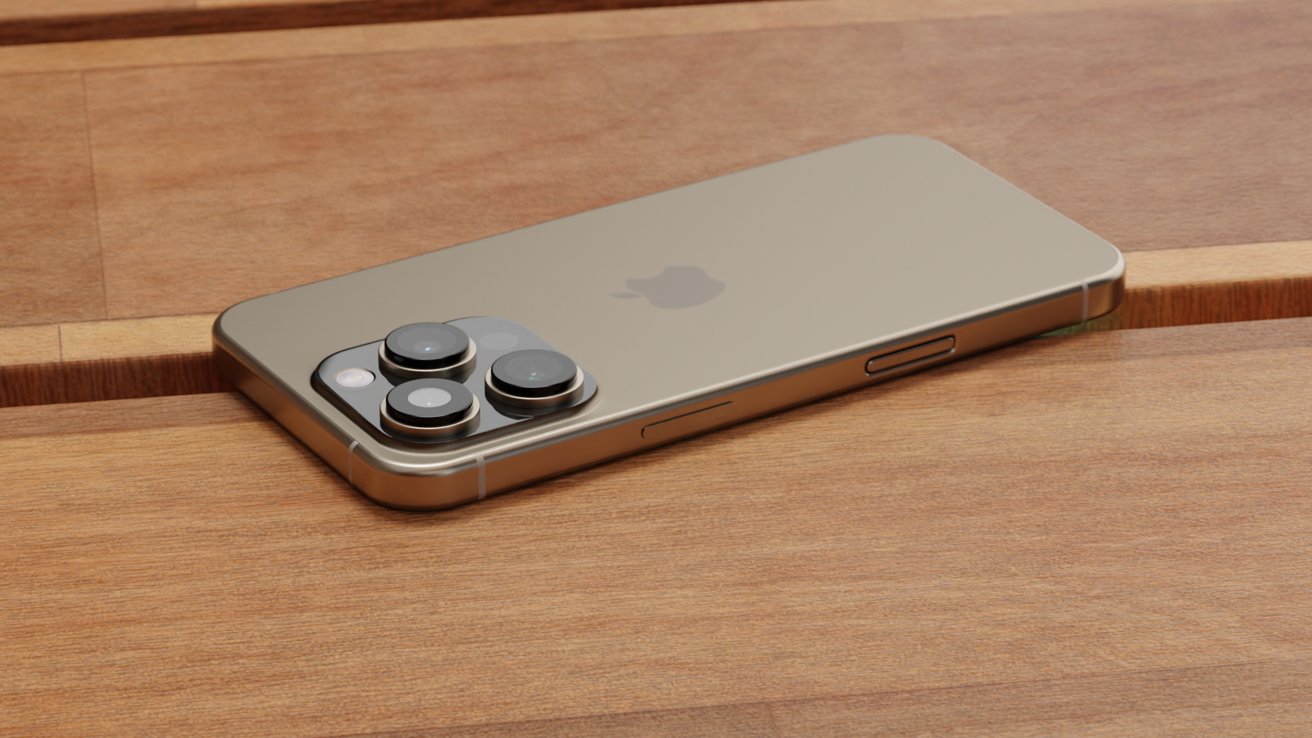 Рендеринг iPhone 16 Pro, лежащий лицевой стороной вниз на деревянном столе.