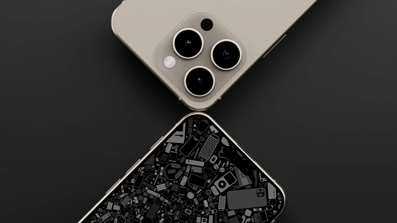Два рендеринга iPhone 16 Pro: один обращен вниз, с коричневым цветом, другой — вверх, с темными обоями.