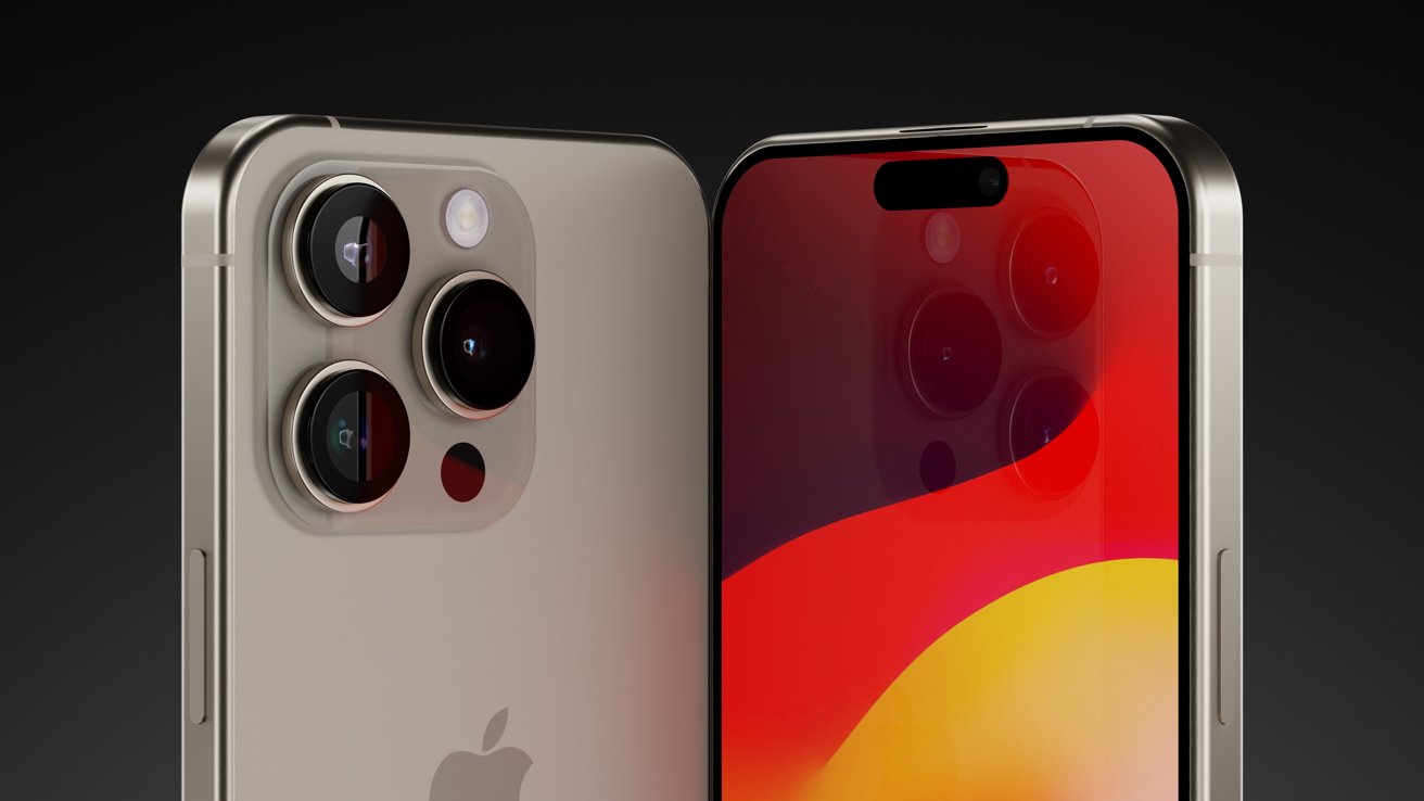 Два визуализированных iPhone 16 Pro: один обращен в сторону, с загорелой задней частью и большим выступом камеры, другой обращен вперед и демонстрирует красные обои.