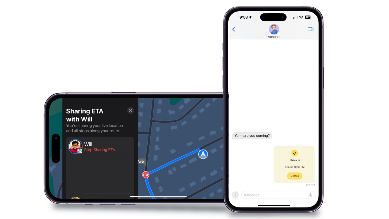 На двух смартфонах показано приложение для навигации по карте и приложение для обмена сообщениями с запросом на разговор и регистрацию.