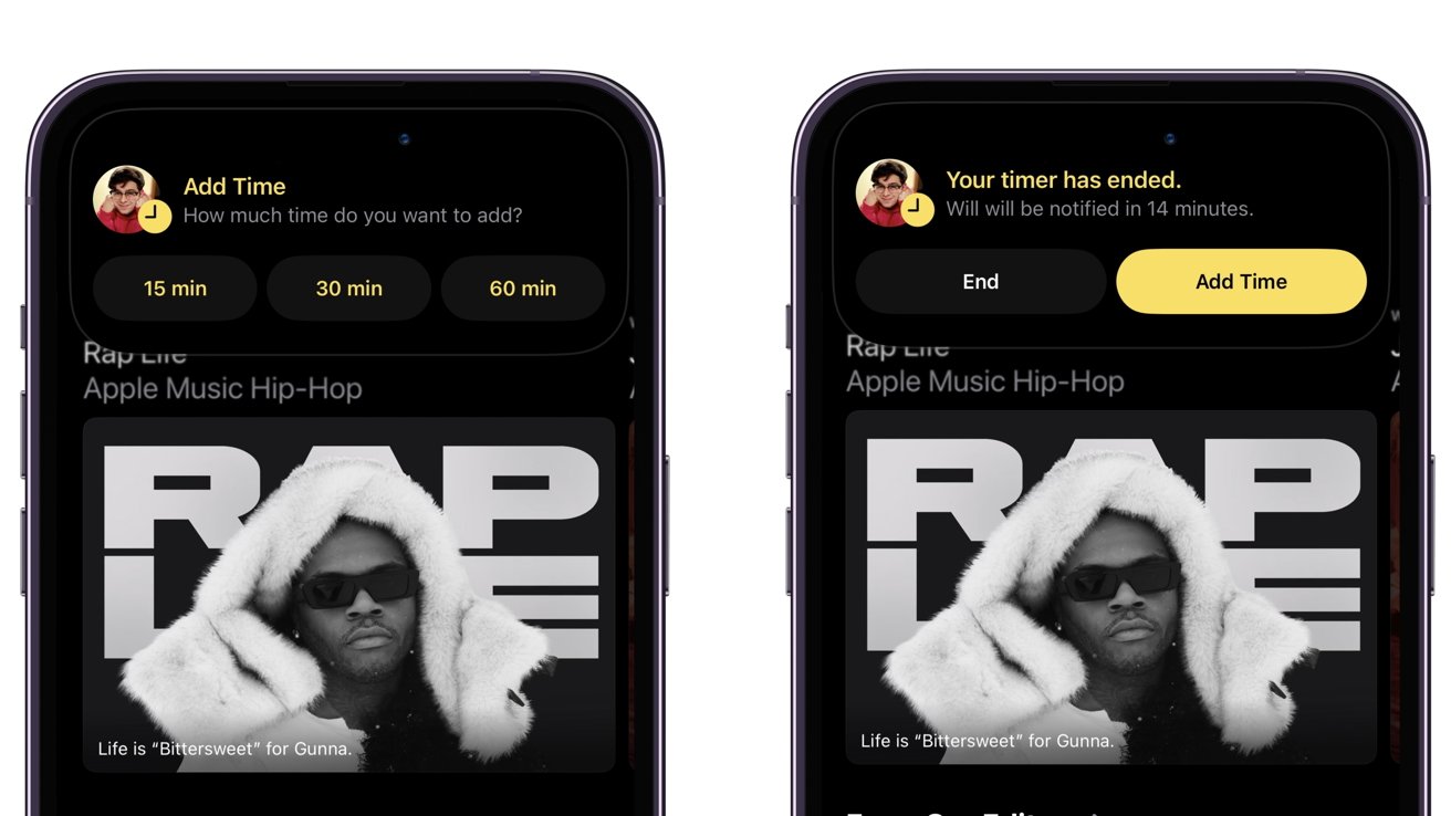 На двух смартфонах показано музыкальное приложение с мужчиной в шубе;  один экран предлагает добавить время в список воспроизведения, другой указывает, что таймер закончился.