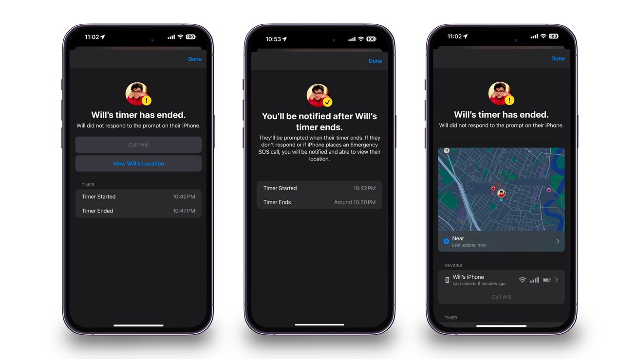 На трех смартфонах показано приложение безопасности с оповещениями об окончании таймера Уилла и возможностью позвонить или найти Уилла на карте.