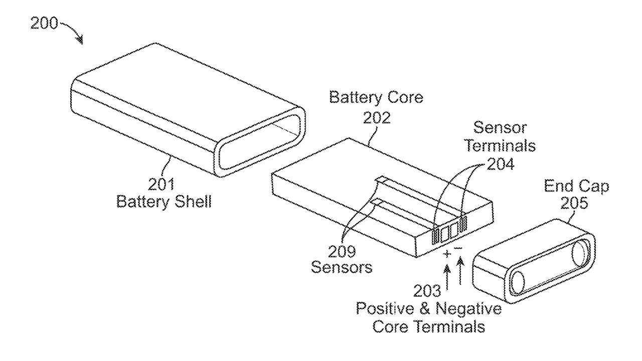 Разобранная схема батареи с маркировкой частей: корпус батареи, сердечник, датчики, клеммы датчика и торцевая крышка.