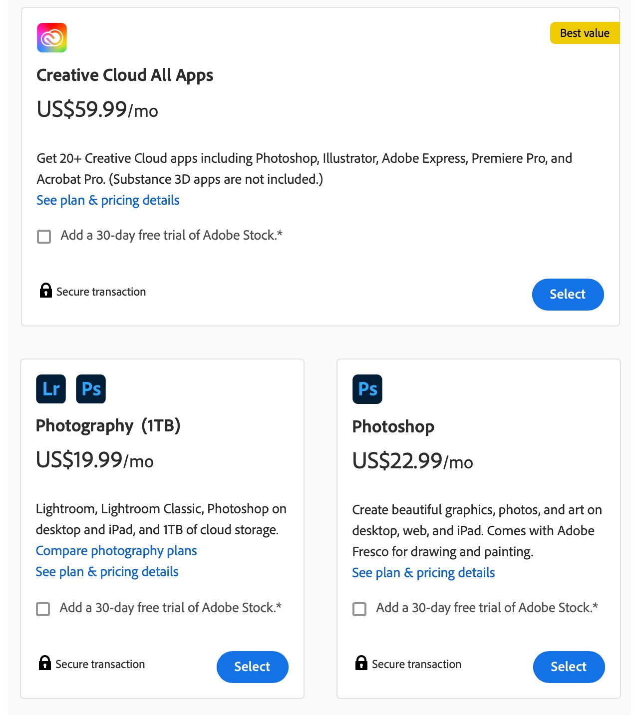 Снимок экрана с планами подписки Adobe Creative Cloud с ценами и краткими описаниями для всех приложений, фотографий и отдельных пакетов Photoshop.