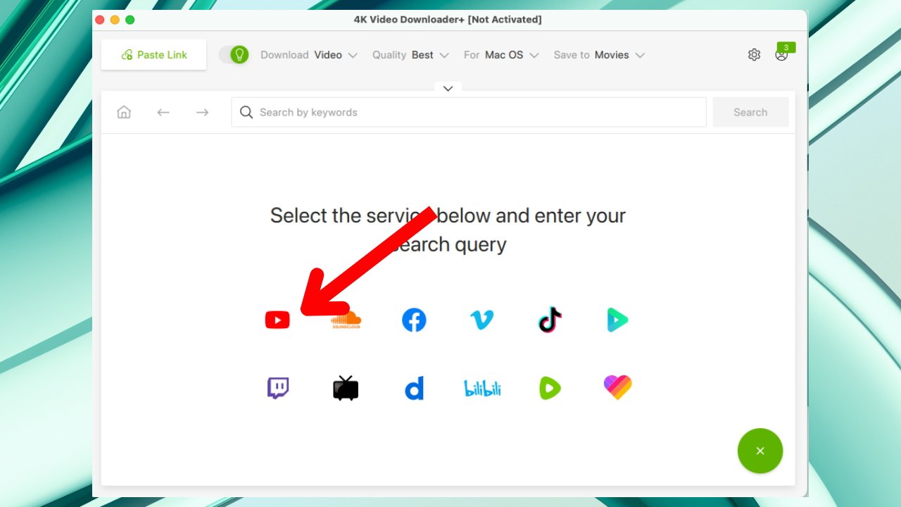 Снимок экрана: интерфейс приложения для загрузки видео со значками различных служб и красной стрелкой, указывающей на значок YouTube.