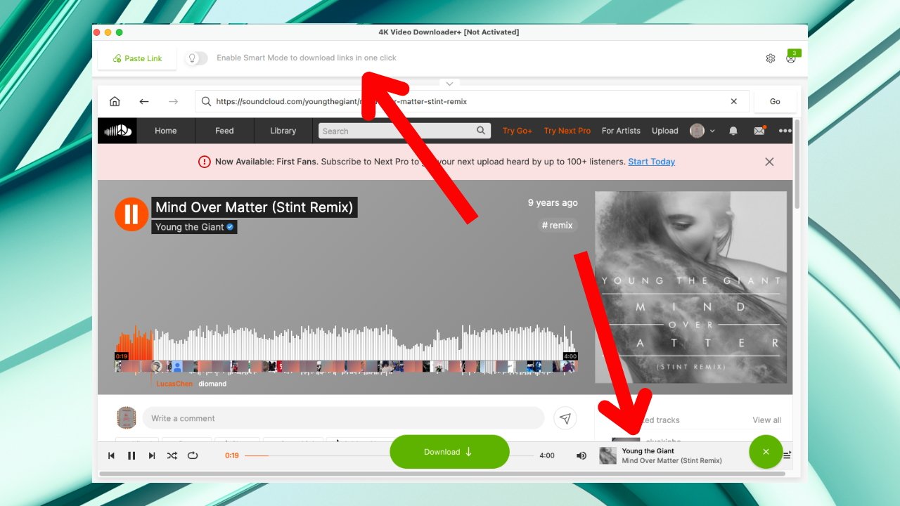 Скриншот трека SoundCloud под названием «Mind Over Matter (Stint Remix)» группы Young the Giant с визуальной звуковой волной, кнопкой загрузки и соответствующими треками.