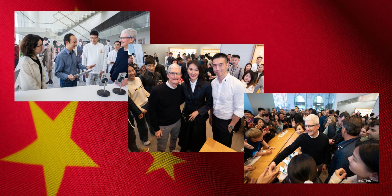 Тим Кук находится в Китае |  Фотографии с визита на фоне китайского флага