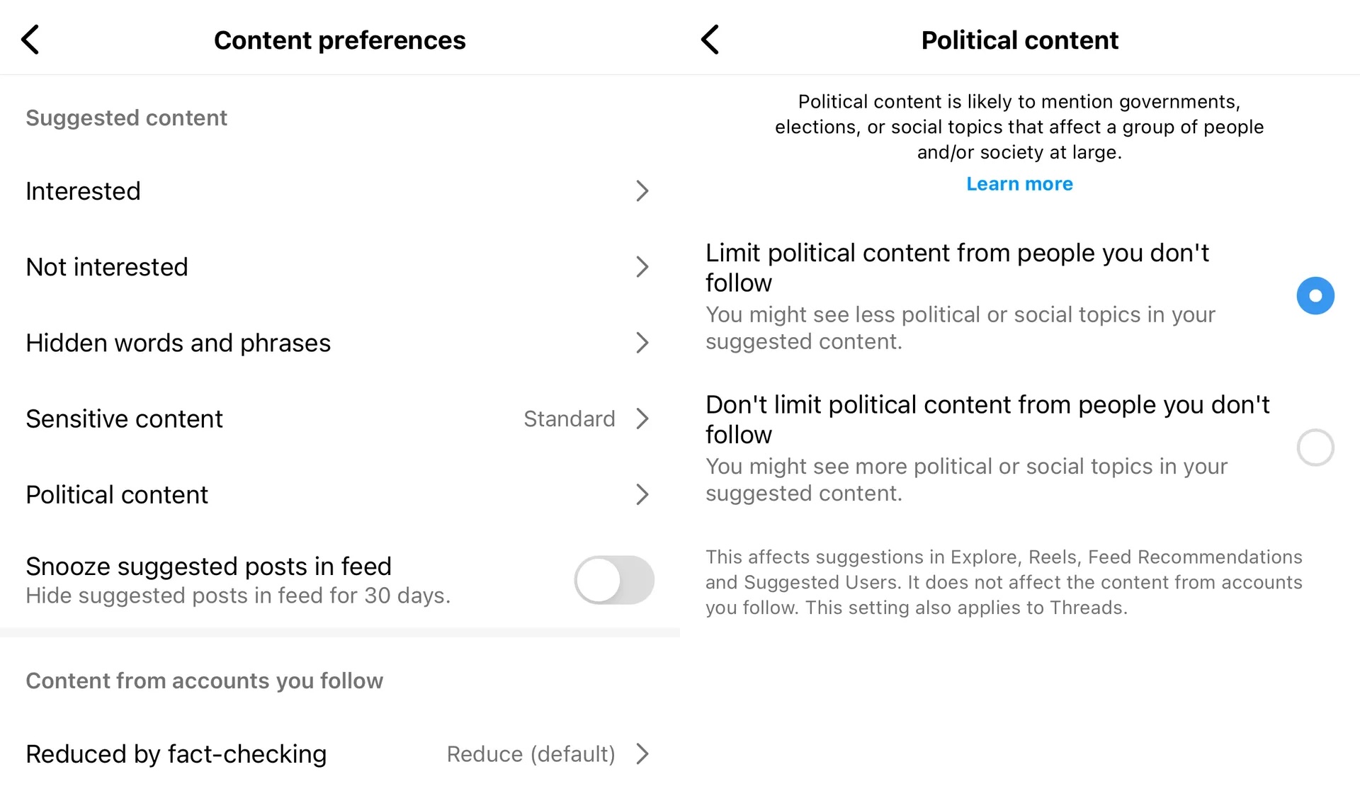 Пользователи Instagram и Threads теперь могут ограничить политический контент в своей ленте.