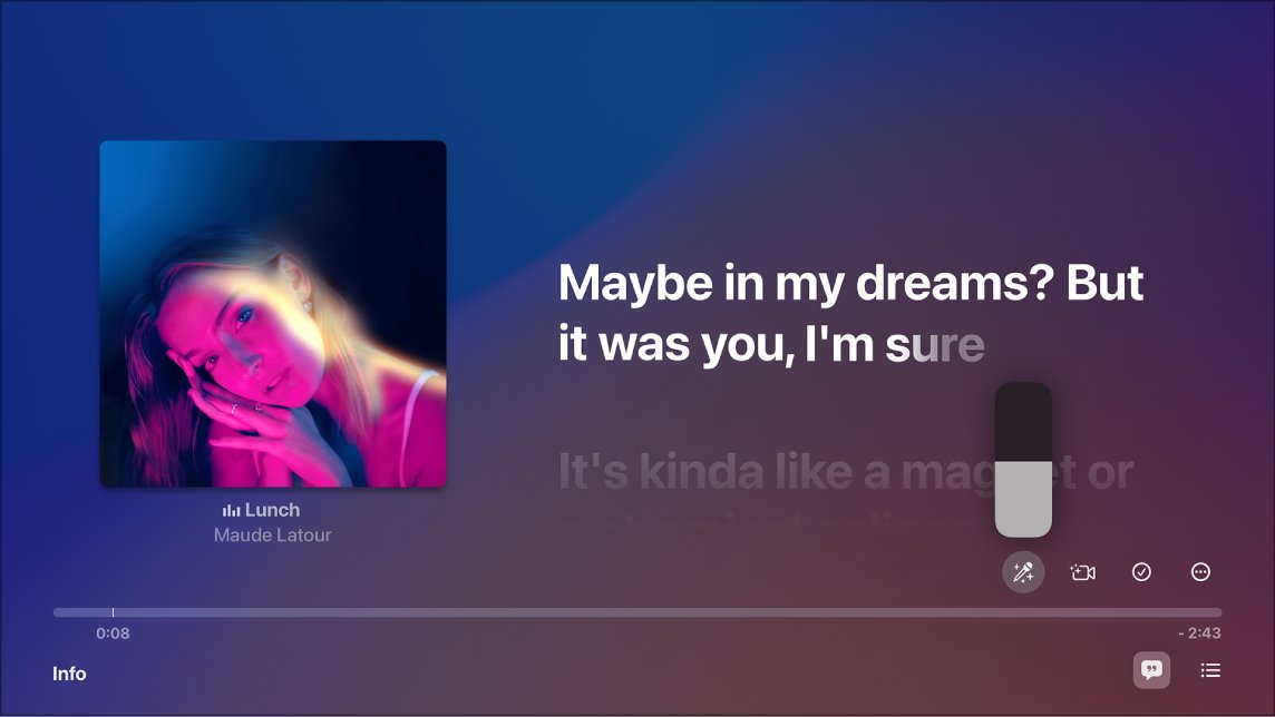 Экран из Apple Music Sing, показывающий тексты песен, обложки альбомов и элементы управления.