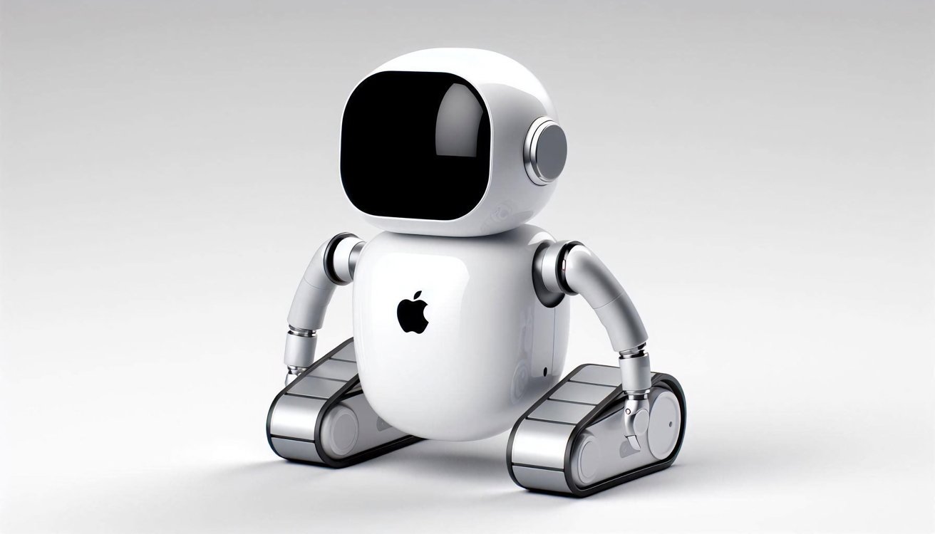 Гладкий бело-серебристый стилизованный робот с логотипом Apple, сидящий на светлом фоне.