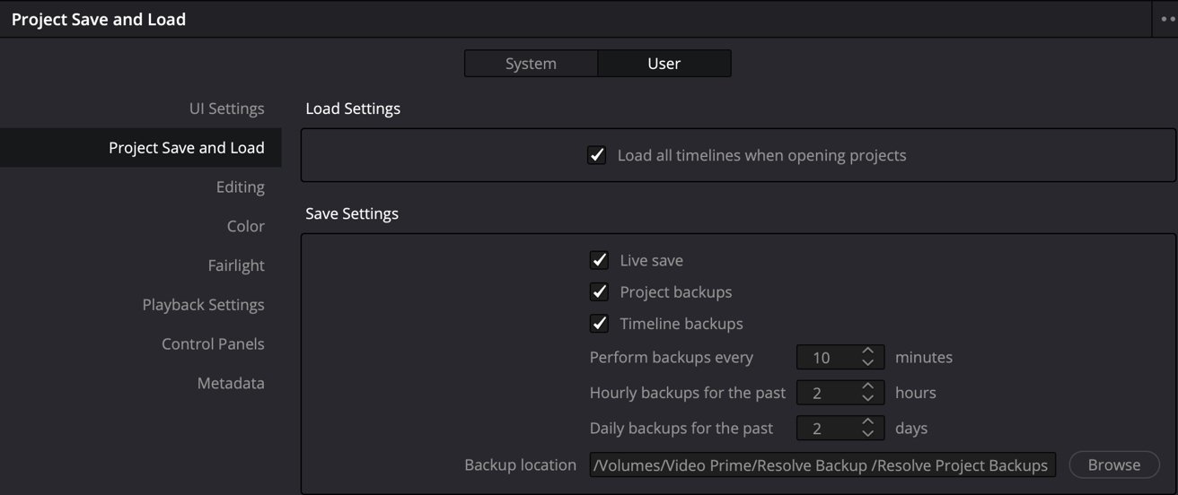 Снимок экрана с настройками программного обеспечения «Сохранение и загрузка проекта» с опциями автоматического сохранения и резервного копирования.