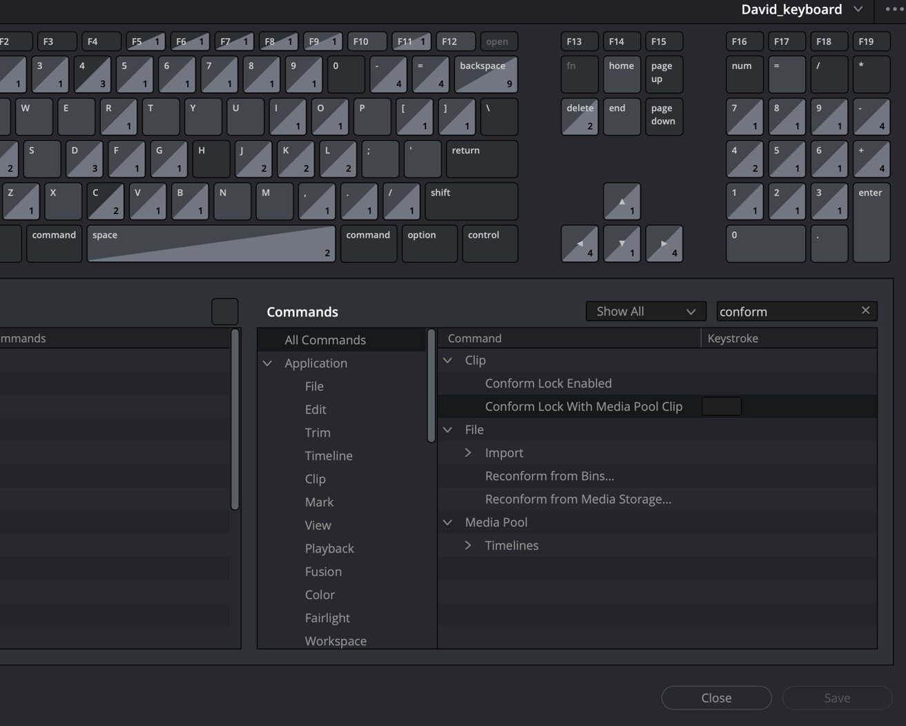 Графическое представление раскладки клавиатуры с помеченными клавишами и интерфейсом меню для настройки команд.