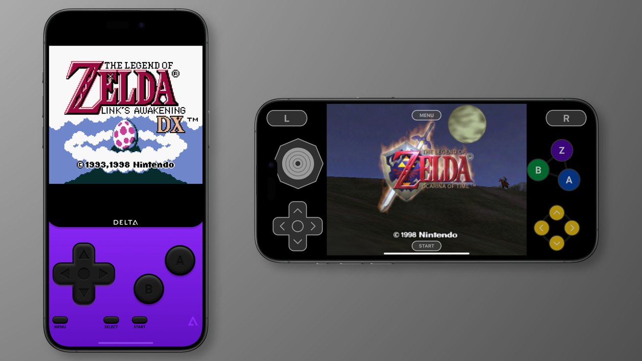 Два скриншота из эмулятора Delta.  Одна — игра для Zelda Gameboy, другая — для Zelda N64.