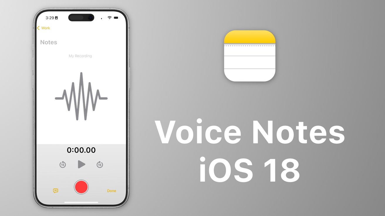 Макет предполагаемого приложения Notes для iOS 18 с записью голоса.