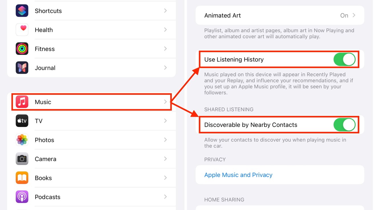 Варианты отключения истории прослушивания и доступности для ближайших контактов для Apple Music