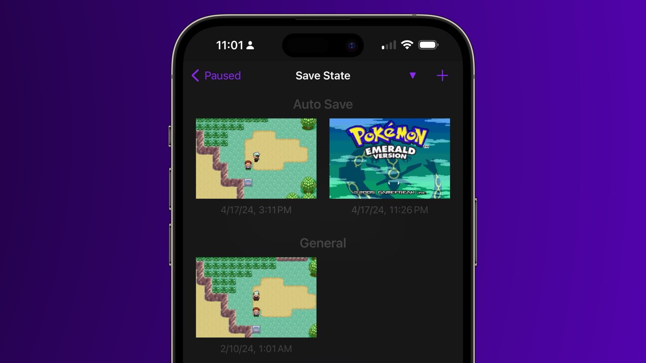 Экран выбора состояния сохранения в Delta с тремя вариантами «Pokemon Emerald».