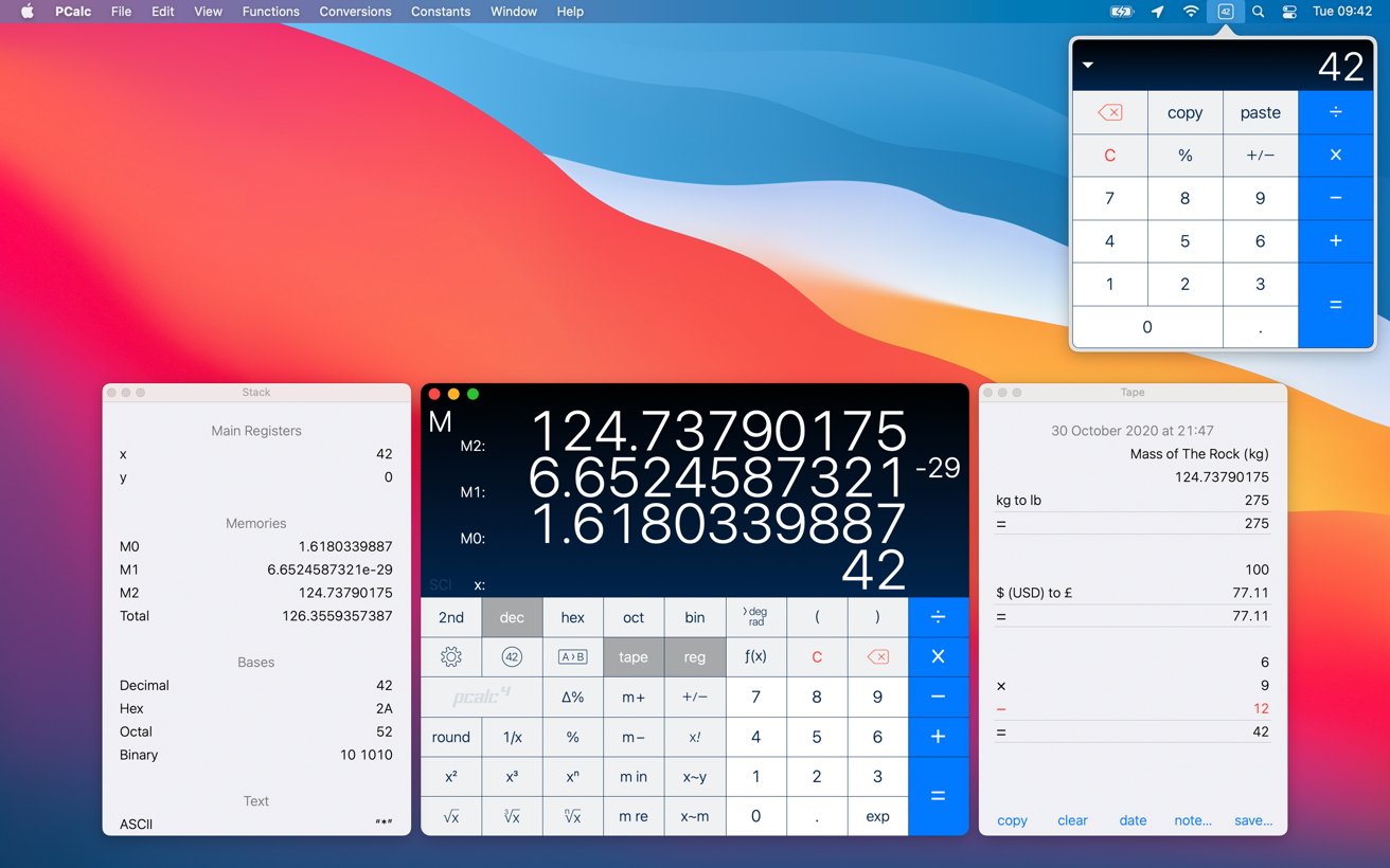 Снимок экрана, показывающий красочный фон рабочего стола с тремя окнами PCalc, отображающими различные математические вычисления и преобразования.