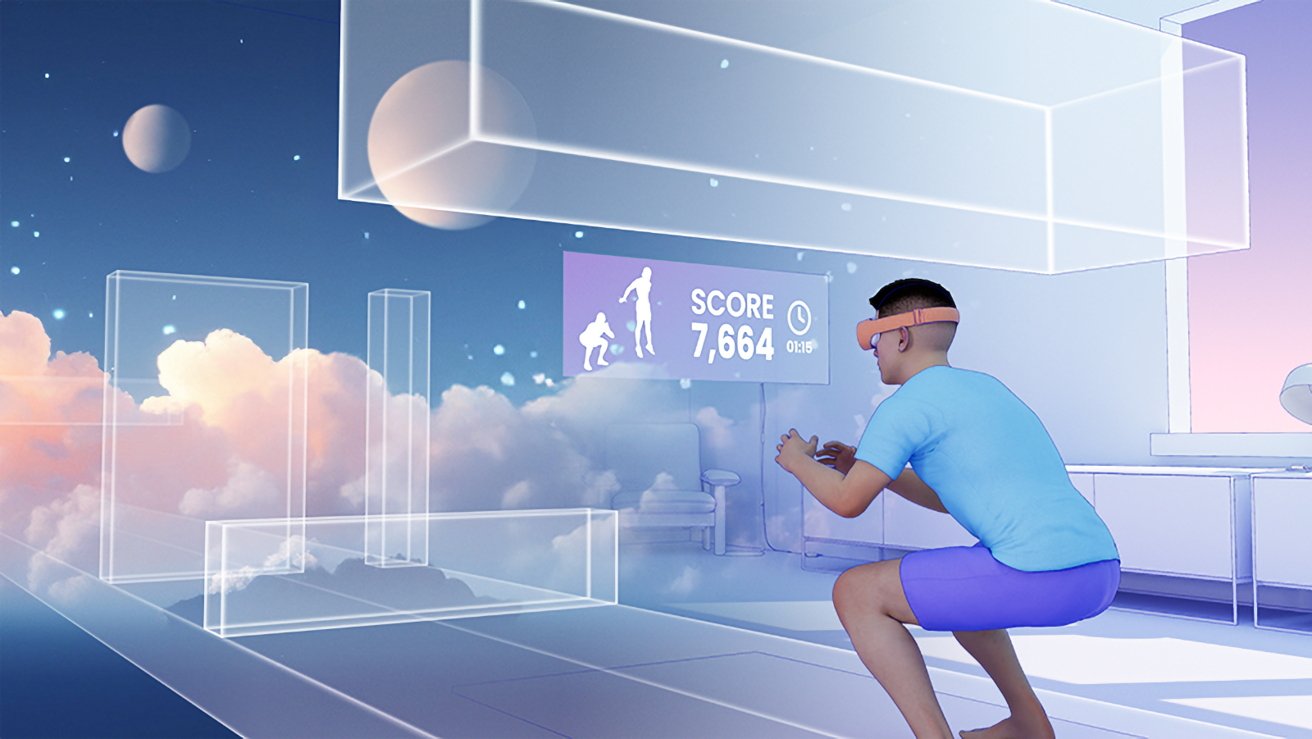 Человек в очках виртуальной реальности приседает и взаимодействует с виртуальными объектами в футуристической комнате с видом на небо и облака.