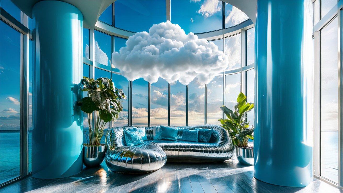 Шикарный номер с металлическим диваном, светильником в форме облака и панорамным видом на океан через окна от пола до потолка.
