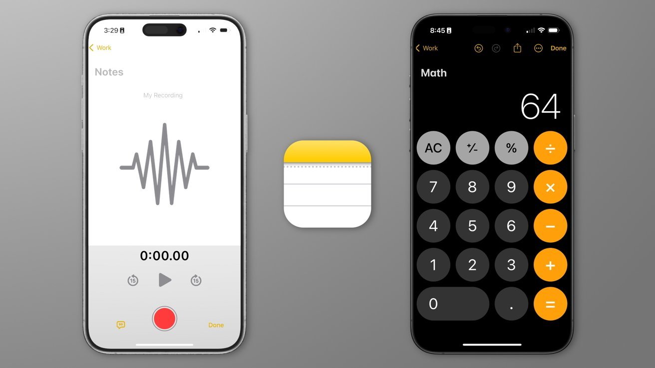 На двух смартфонах отображаются приложение для записи голоса и приложение-калькулятор со значком приложения «Заметки» посередине.