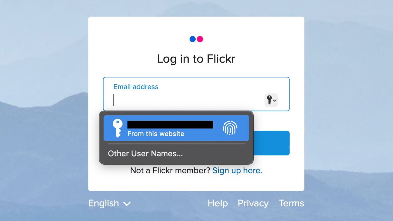 Экран входа в Flickr с автоматическим заполнением пароля, отображаемый во всплывающем окне