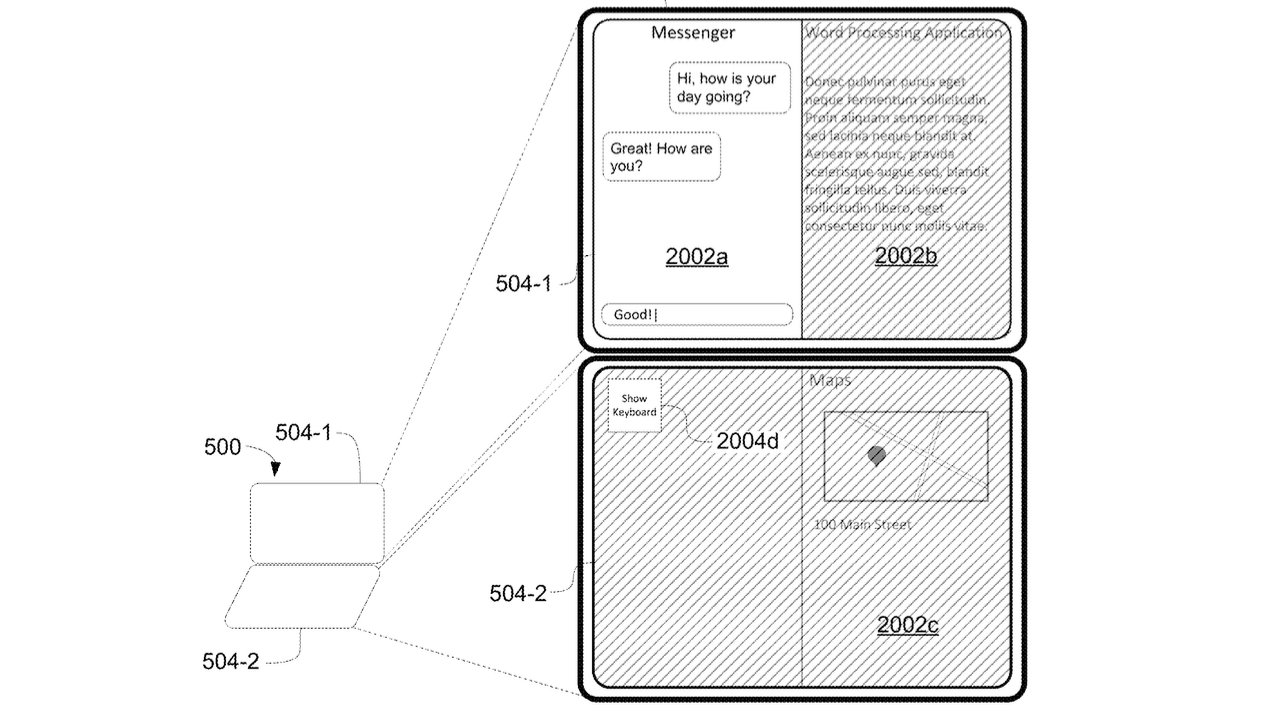 Схема складного электронного устройства с приложением обмена сообщениями и приложением для навигации по картам.