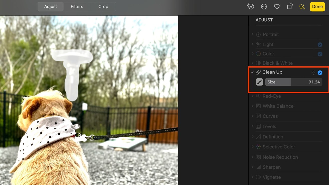 Вид сзади: собака в бандане в горошек смотрит на интерфейс программы редактирования с выбранной кистью «Очистка».