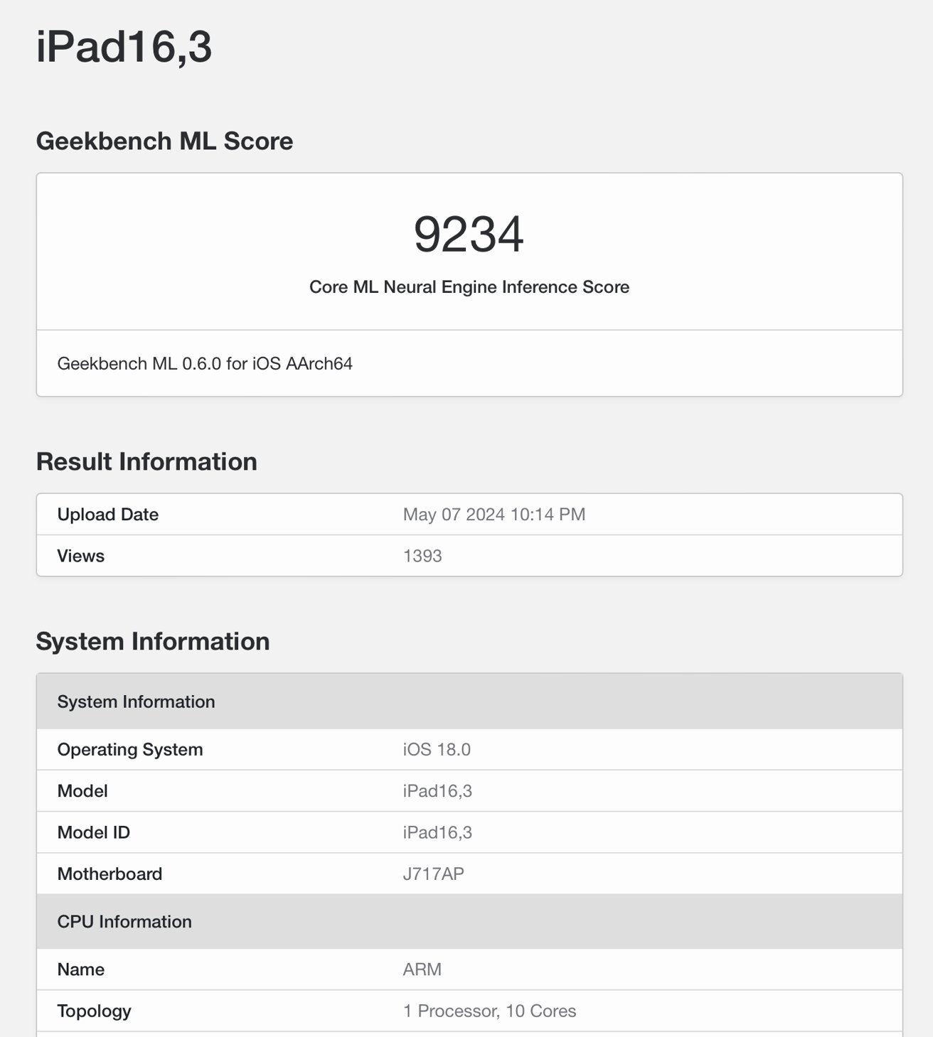 Снимок экрана, показывающий оценку Geekbench ML для iPad 16,3 с оценкой 9234, датой загрузки и сведениями о системе, включая iOS 18.0 и информацию о процессоре.