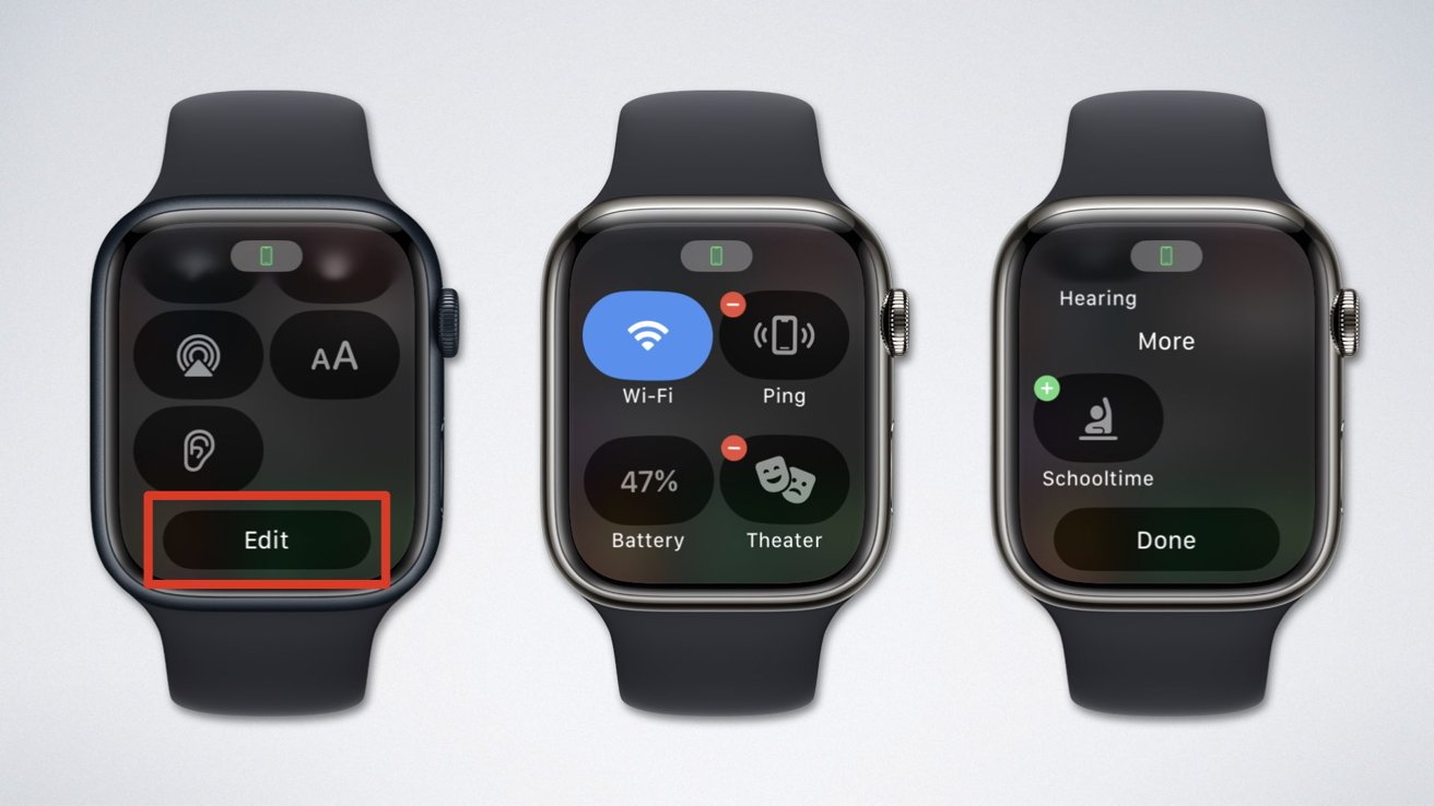 Три изображения Apple Watch, на которых показаны разные экраны Центра управления с различными значками и одна выделенная кнопка с надписью «Изменить».