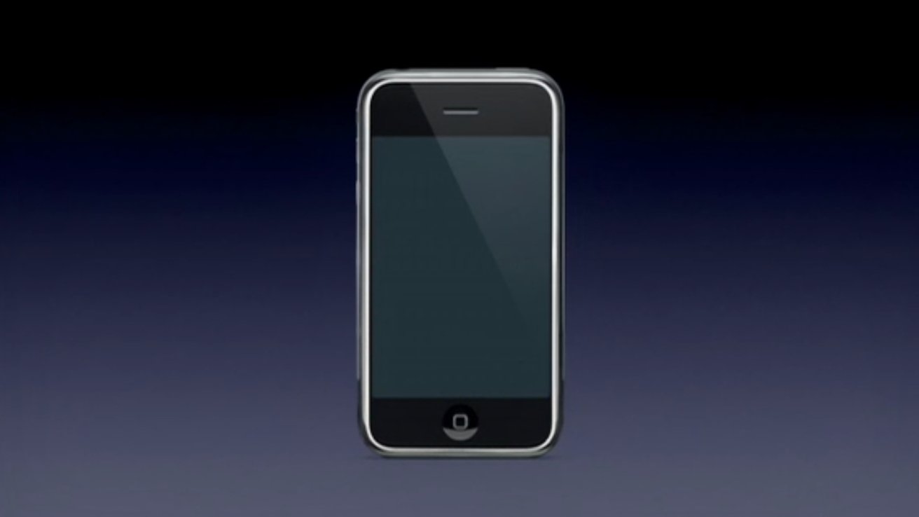 Оригинальный iPhone, показанный на слайде презентации во время основного выступления