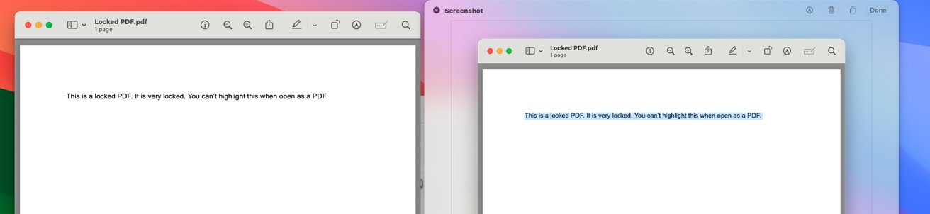 Заблокированный PDF-файл с открытым текстом и выделенным на снимке экрана PDF-файла. Главное macOS Sonoma находится за обоими окнами.