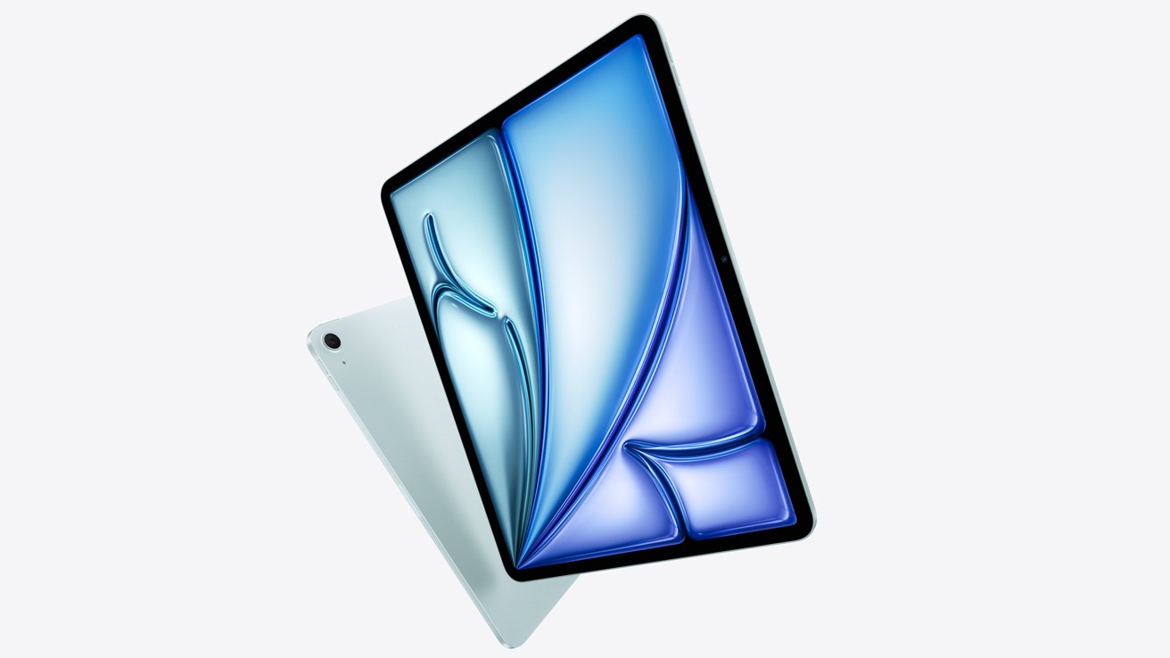 Два современных планшета с синими абстрактными обоями, перекрывающимися на белом фоне.