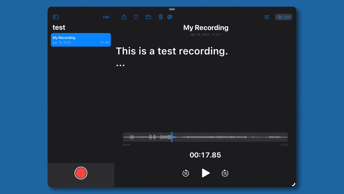 Снимок экрана приложения для записи голоса со звуковым сигналом, элементами управления воспроизведением и текстом «Это тестовая запись».