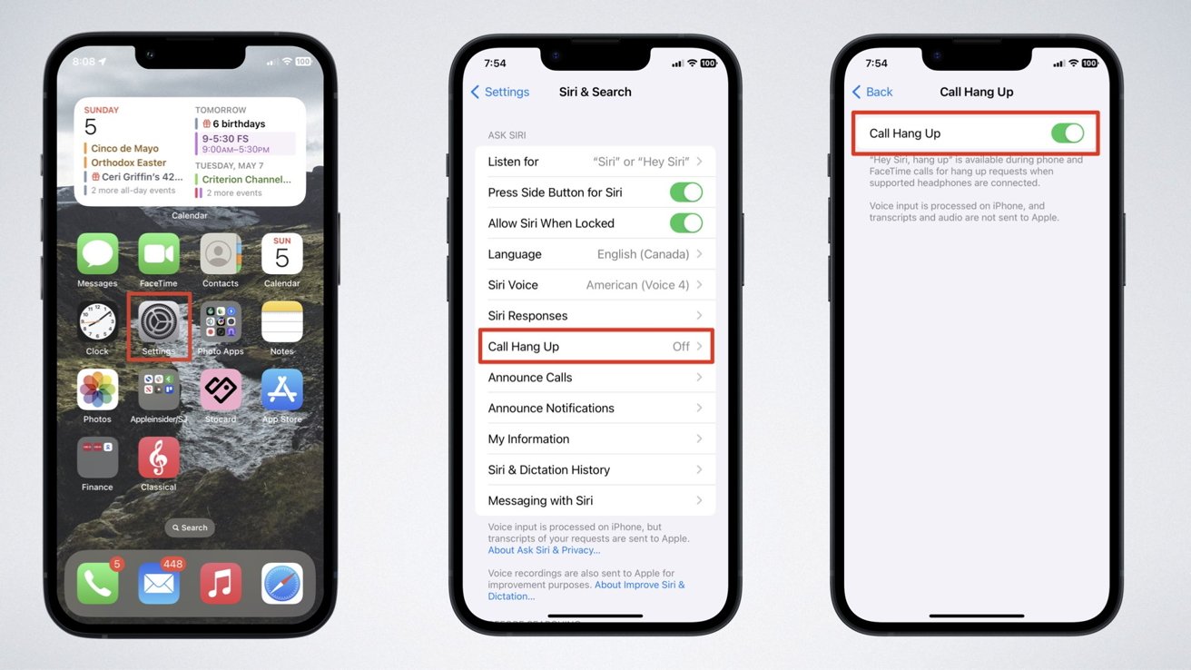 Три экрана iPhone с настройками Siri, включая новую функцию «Отбой».