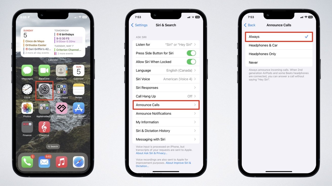 Три iPhone с экранами различных настроек, выделением функций, связанных с Siri, и уведомлений в интерфейсе iPhone.