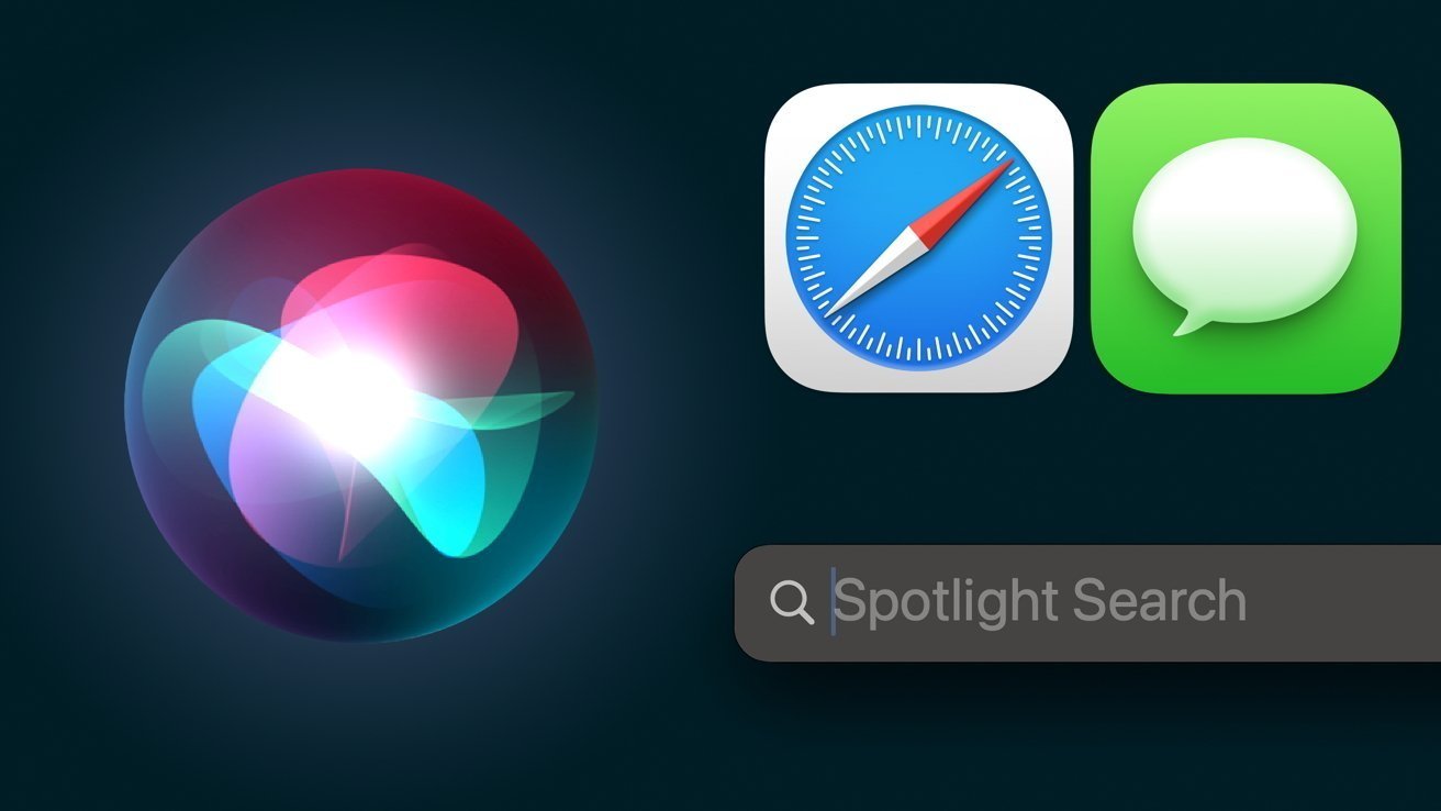 Красочный значок Siri, значки приложений Safari и «Сообщения», а также панель поиска Spotlight на темном фоне.